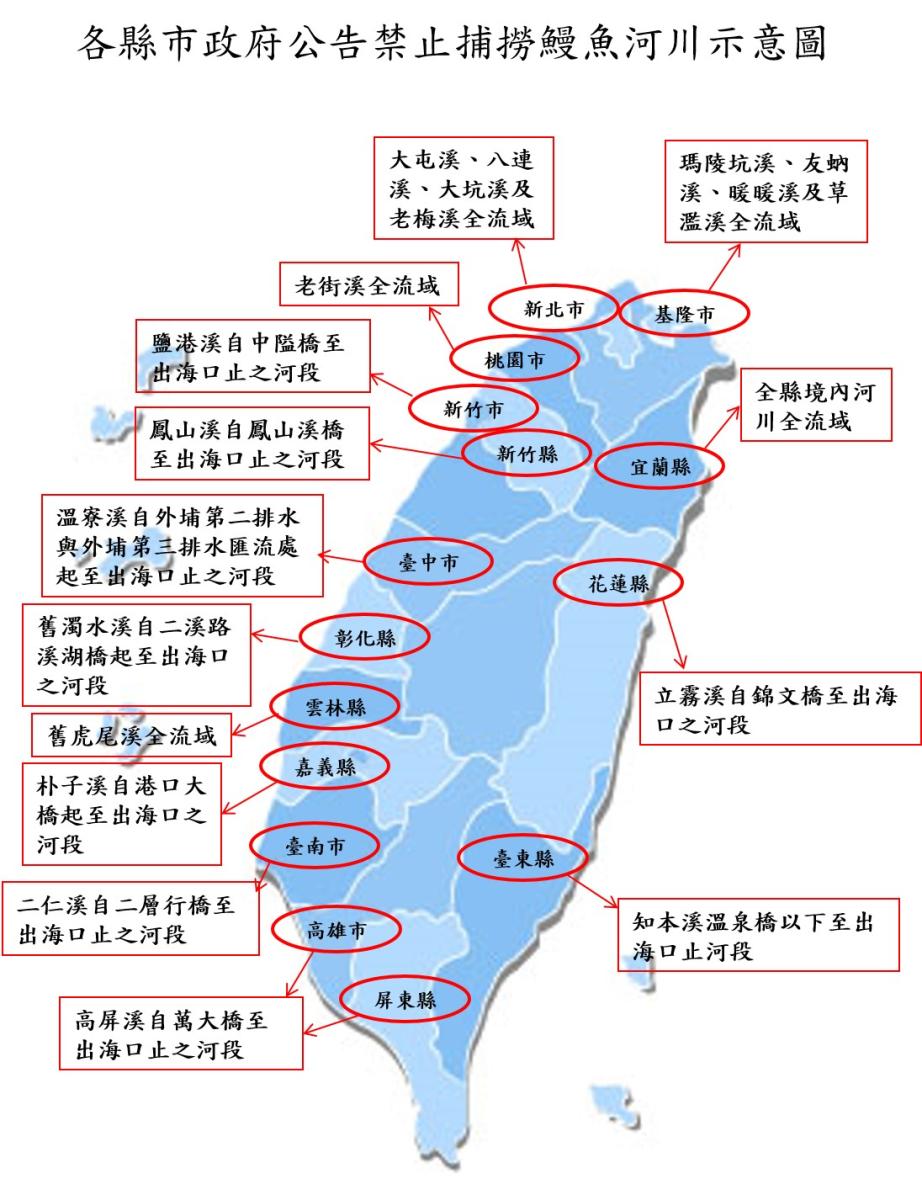 各縣市政府公告禁止捕撈鰻魚河川示意圖