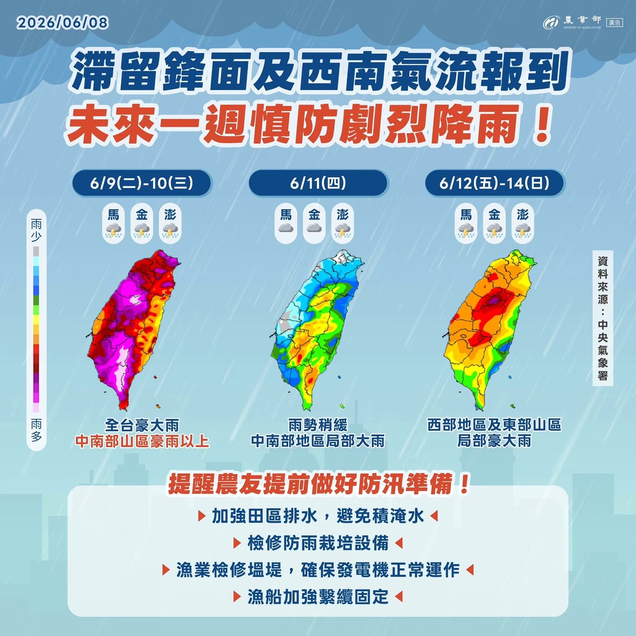 慎防滯留鋒面及西南氣流降雨影響 農業部開設二級災害應變小組